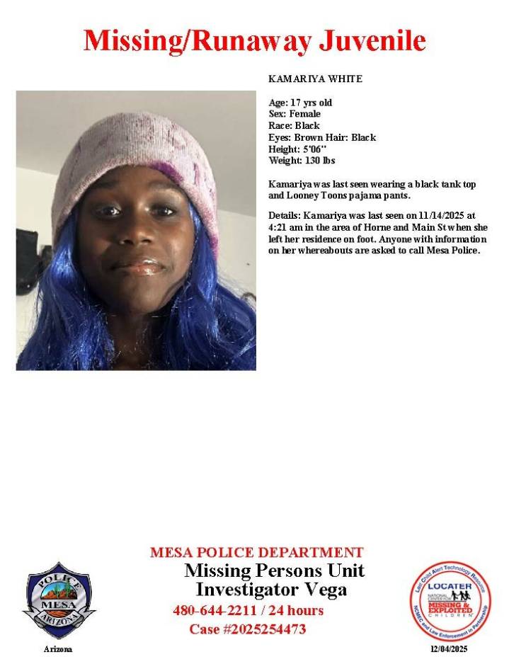 Kamariya White, 17, missing from Mesa, police say