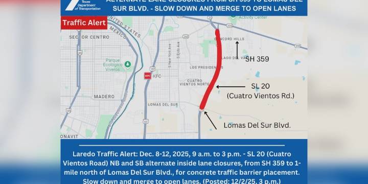 Lane closures planned on South Loop 20 in Laredo