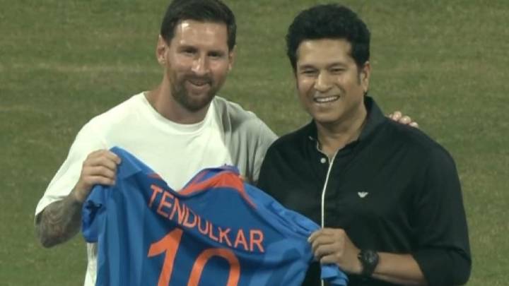 ‘GOAT moment’: Lionel Messi meets Sachin Tendulkar, accepts cricket jersey at Wankhede Stadium