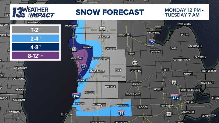 Significant lake-effect snow near the lakeshore Monday afternoon through Tuesday morning