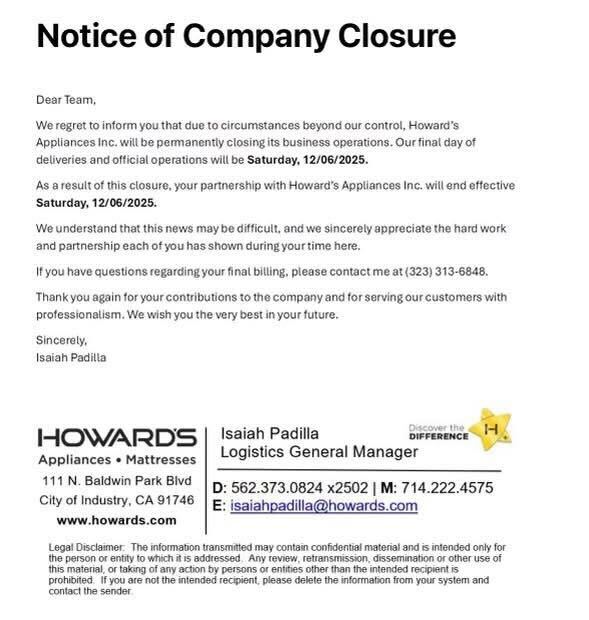 Howard’s Appliance abruptly closes all Southern California stores