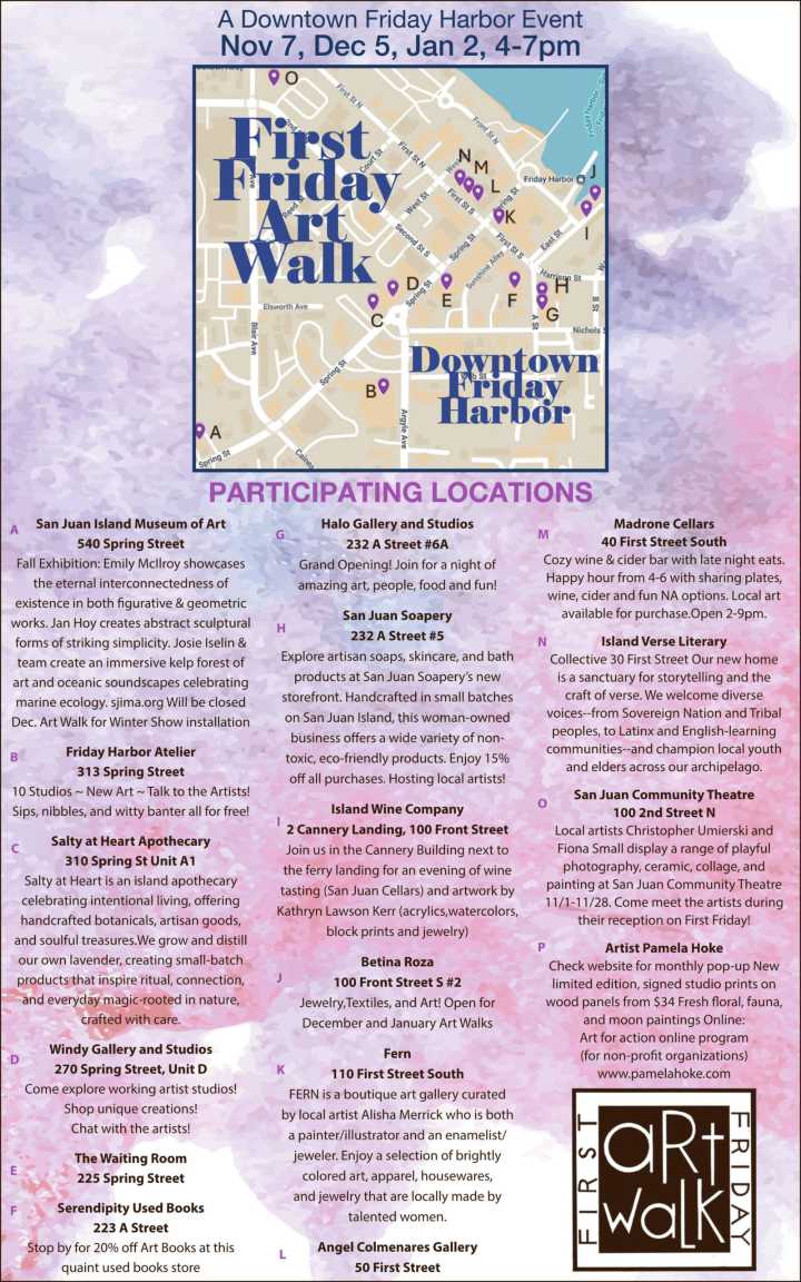 First Friday Art Walk same evening as tree lighting in Friday Harbor