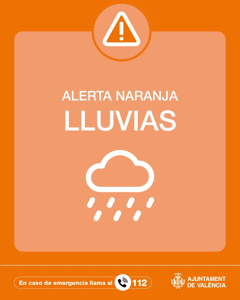 Emergencias activa la alerta naranja por lluvias en Valencia para mañana domingo