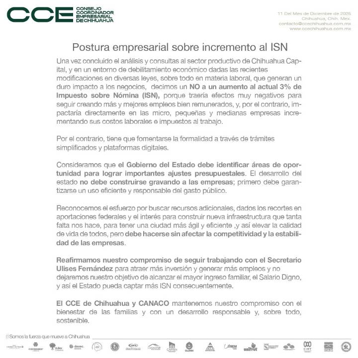 CCE y CANACO Chihuahua rechazan aumento al ISN y piden alternativas para equilibrar finanzas estatales