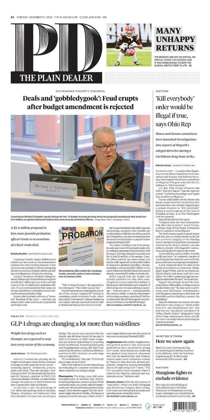 The Plain Dealer’s front page for December 2, 2025