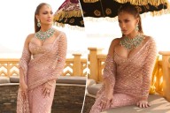 Jennifer Lopez dazzles in 168-carrat emerald necklace and crystal-covered saree from Manish Malhotra at Indian wedding