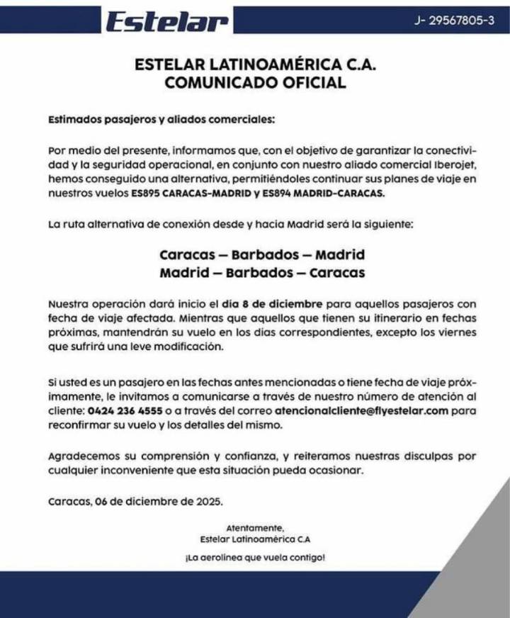 Venezolana Estelar anuncia ruta hacia Madrid, con escala en Barbados, tras cancelaciones