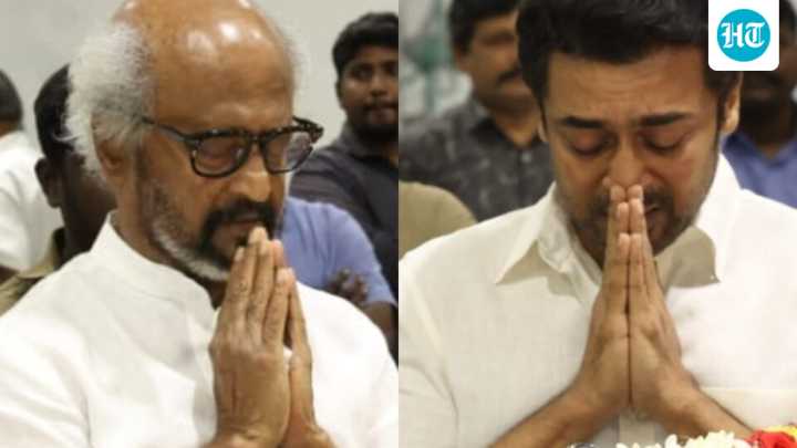 Suriya cries, Rajinikanth pays last respects to producer AVM Saravanan