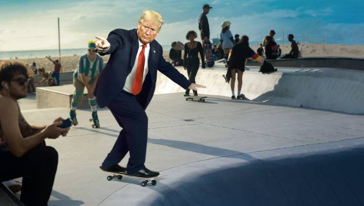 Defiant Trump Skateboards In California