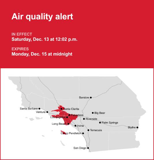 Air quality alert affecting Los Angeles County until early Monday