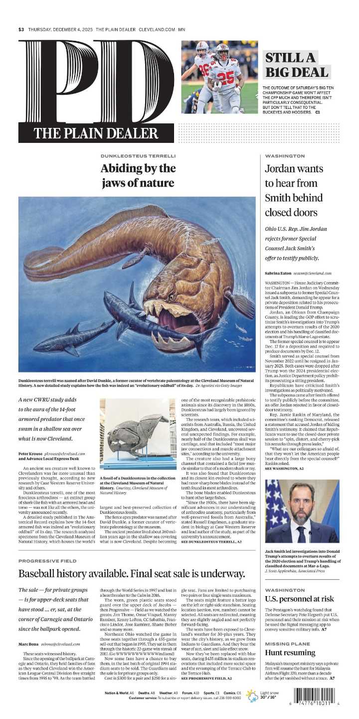 The Plain Dealer’s front page for December 4, 2025