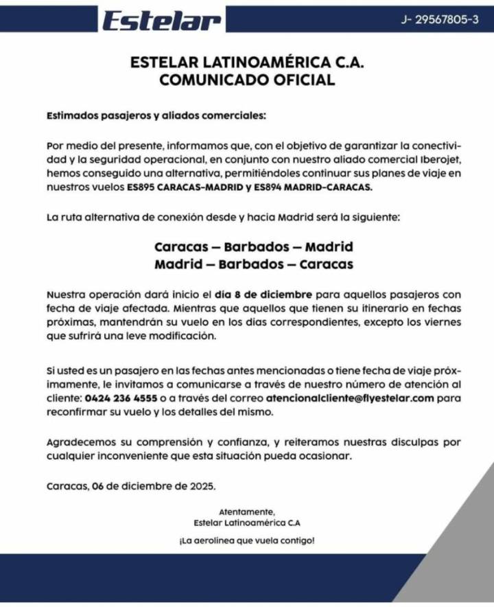 Estelar volará a Madrid vía Barbados tras suspensiones