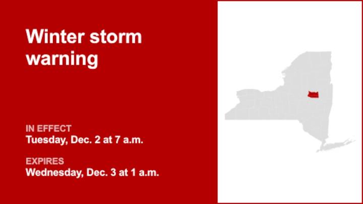 NY weather: Winter storm warning for Fulton County until 1 a.m. Wednesday