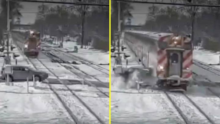 Video capta brutal choque entre un tren y un auto que quedó atrapado por el hielo en EEUU