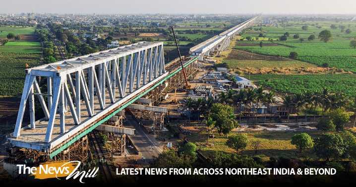 130 m span of a 230 m long steel bridge launched over NH-64 & Indian Railway tracks for Bullet Train Project