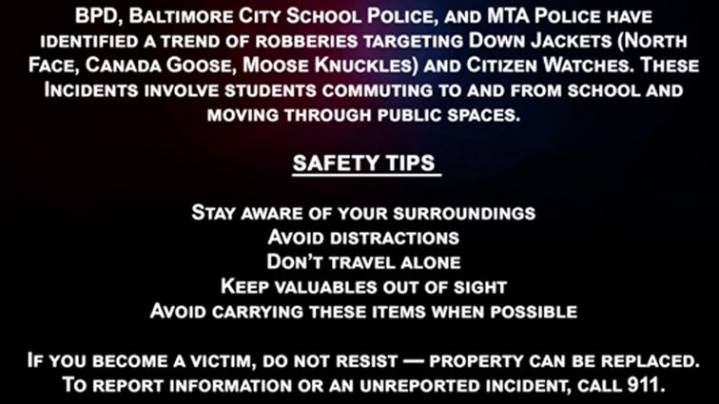 Baltimore police warn of robbery trend targeting down jackets and Citizen watches