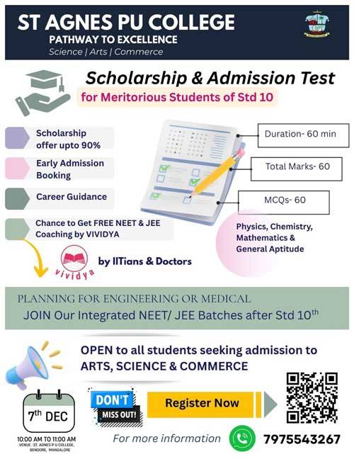 St Agnes PU College to hold scholarship, admission test on Dec 7