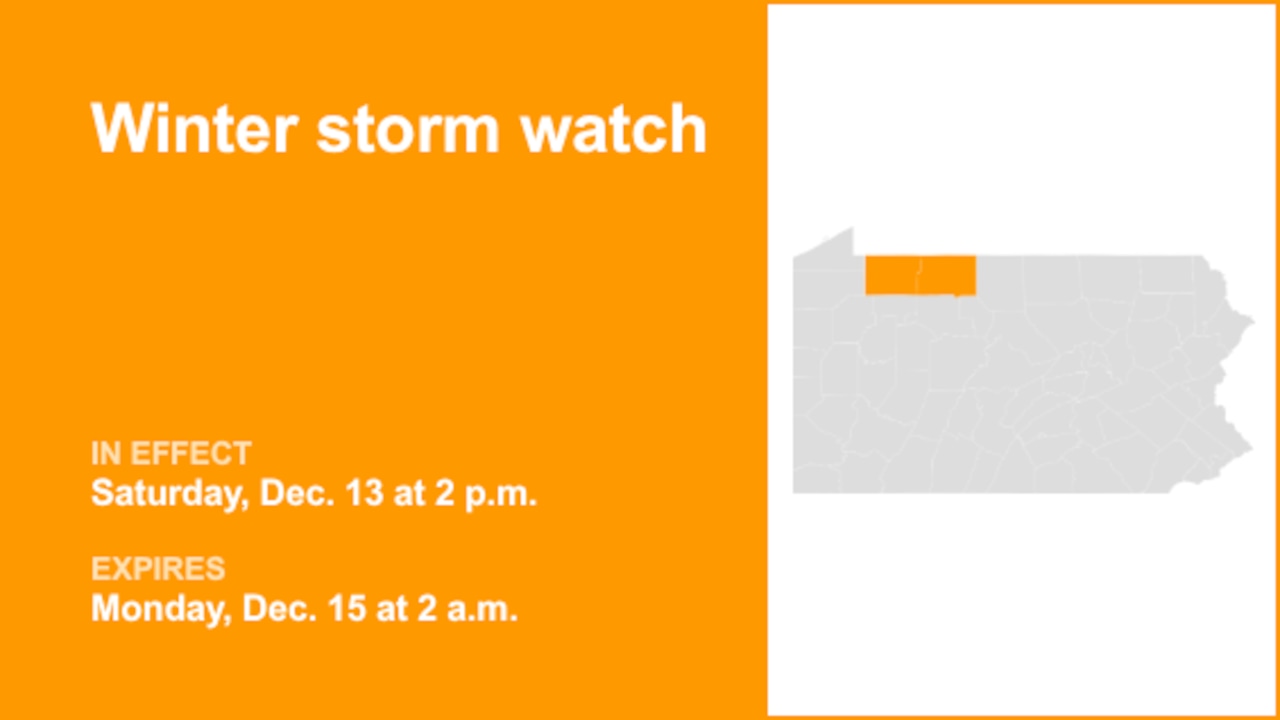 Winter storm watch for Warren and McKean counties from Saturday to Monday