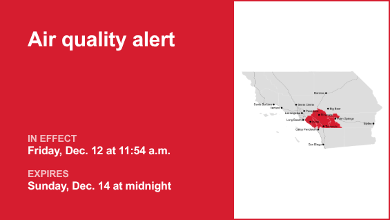 Air quality alert for the Orange County and Santa Ana Mountains area until early Sunday