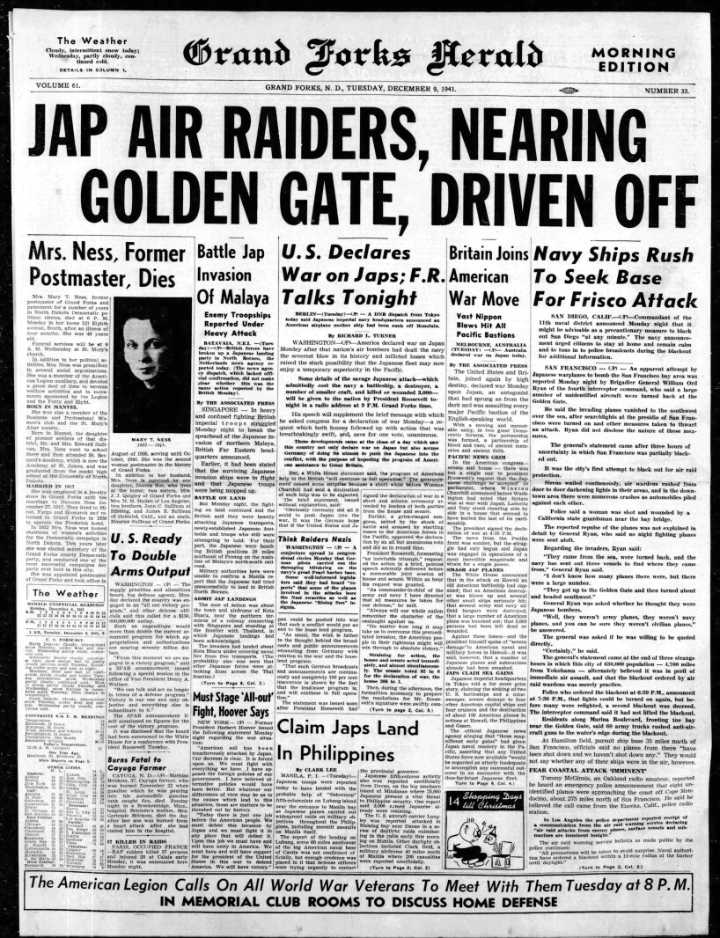 Today in History: December 9, 1941 - Governor John Moses urges N. D. to be on alert for sabotage