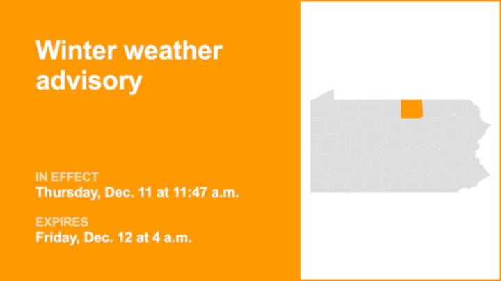 Tioga County placed under a winter weather advisory until early Friday morning