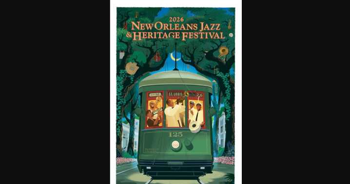 The 2026 Jazz Fest poster design takes a night ride in an Uptown New Orleans streetcar