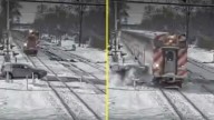 Video capta brutal choque entre un tren y un auto que quedó atrapado por el hielo en EEUU