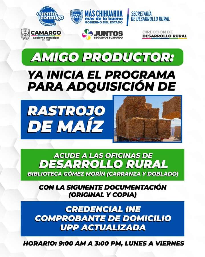 Invita gobierno municipal a participar en el programa para adquisición de rastrojo de maíz en Camargo