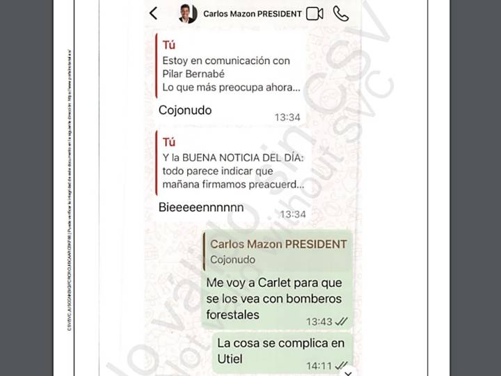 Los mensajes en la mañana de la dana entre Pradas y Mazón: “Estoy en comunicación con Bernabé. Lo que más preocupa es barranco del Poyo y río Magro”. “Cojonudo”, contestó el ‘expresident’