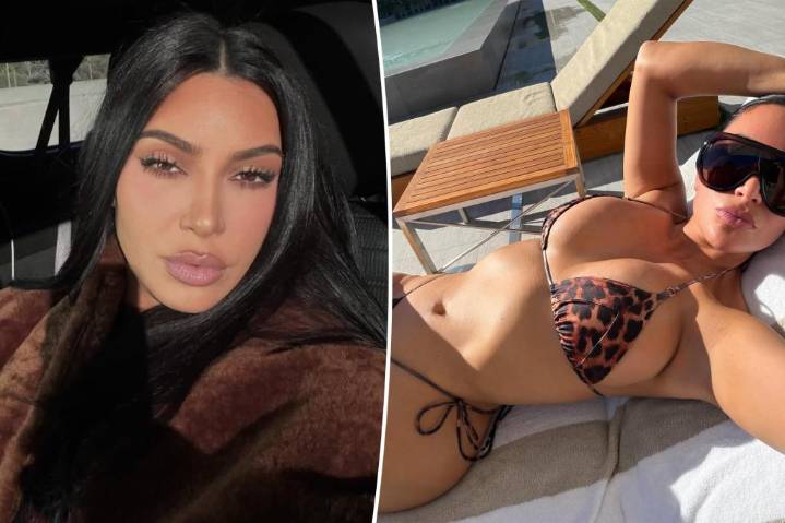 Kim Kardashian soaks up the sun in a tiny leopard print string bikini