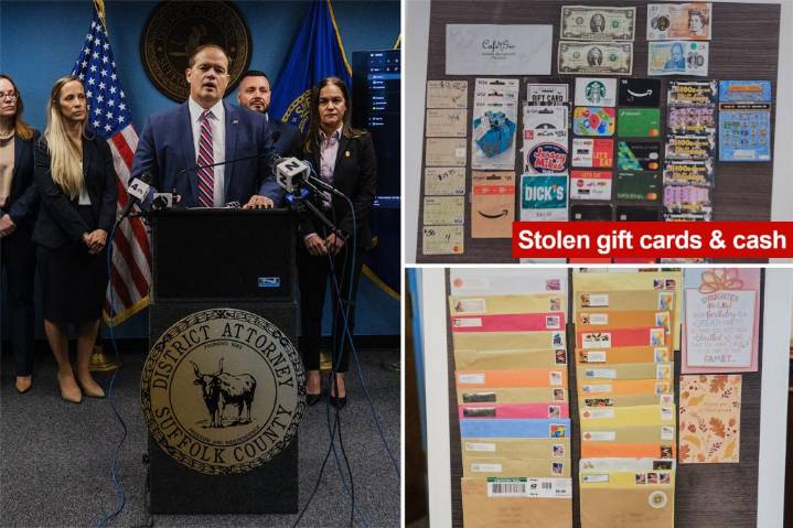 Postal worker Grinch caught on camera stealing Christmas gift cards from Long Island post office: DA