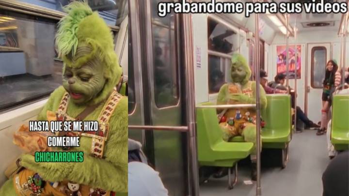 ¿México o IA?; captan a al Grinch comiendo chicharrones en el metro