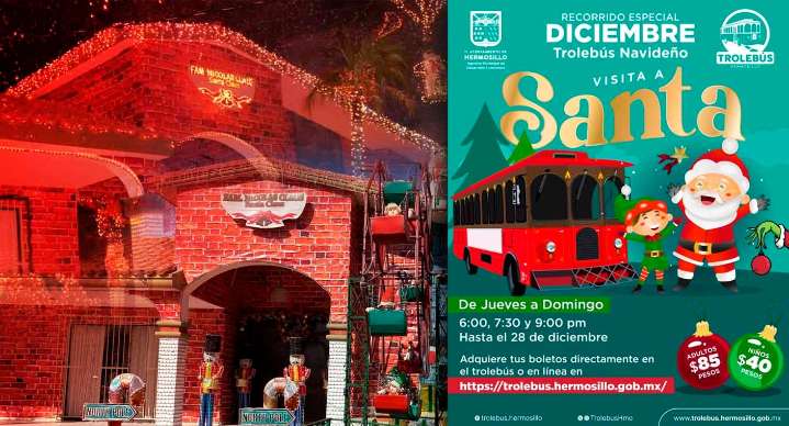 Trolebús Navideño en Hermosillo inicia recorrido especial con rutas a la Casa de Santa Claus