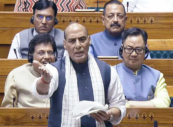 “National song not given equal space, marginalised”: Rajnath Singh slams Congress in Parliament