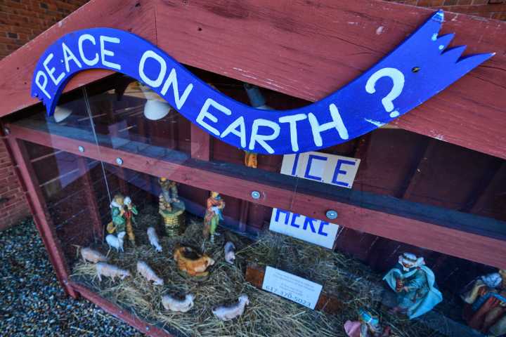 Church Nativity scenes add zip ties, gas masks and ICE to protest raids
