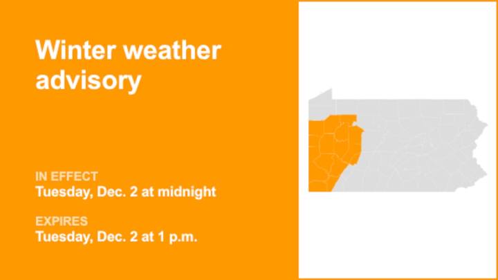 Part of Pennsylvania under a winter weather advisory Tuesday