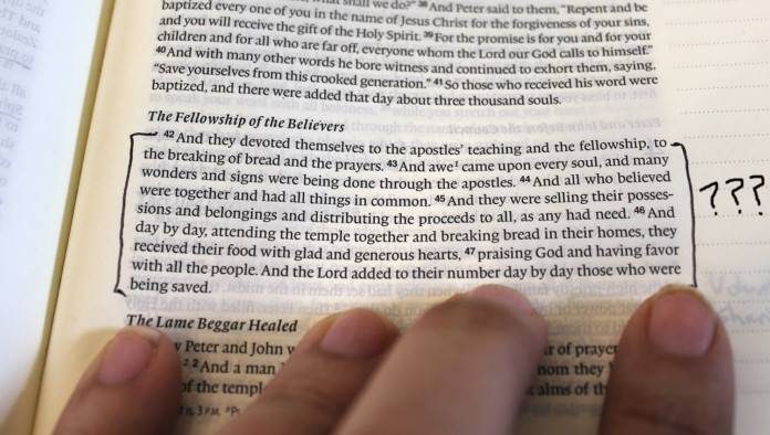 Man Reading Book Of Acts Getting Pretty Uncomfortable With All The Sharing Going On