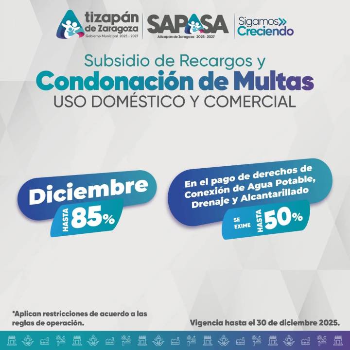 ATIZAPÁN DE ZARAGOZA MANTIENE SUBSIDIOS Y DESCUENTOS EN EL PAGO DEL AGUA