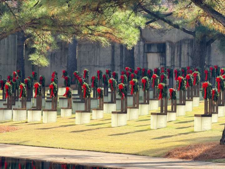 Wreaths placed on chairs at Memorial Museum
