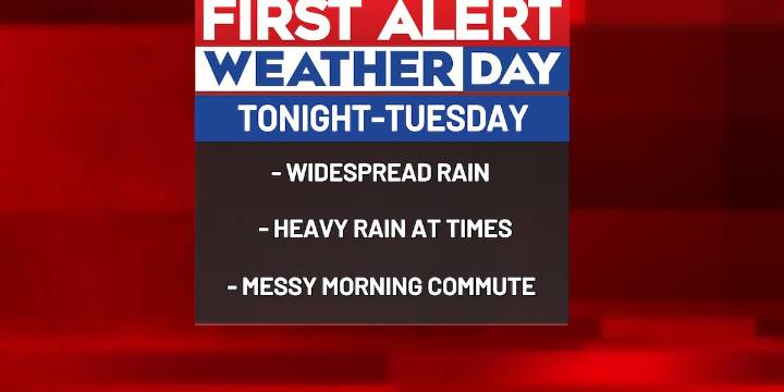 FIRST ALERT WEATHER DAY Tonight and Tuesday morning for heavy rain