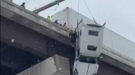 Rescatado un conductor que pasó horas colgado de un puente tras perder el control de su camión en plena tormenta invernal