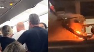 Escenas de pánico en un avión al producirse un incendio y entrar el humo en la cabina