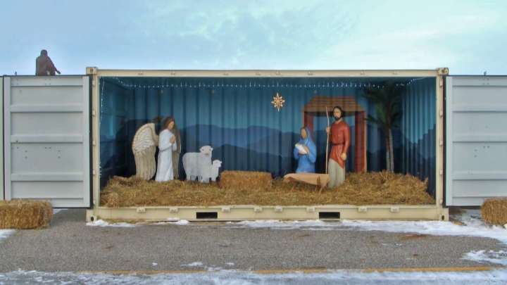 Nativity at Shanley features chainsaw sculpture art of manger