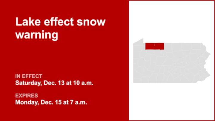 Lake effect snow warning affecting Warren and McKean counties from Saturday to Monday