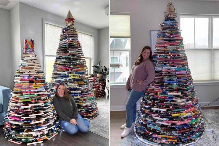 Woman Goes Viral for Building Life-Size Christmas Tree with 600 Books (Exclusive)