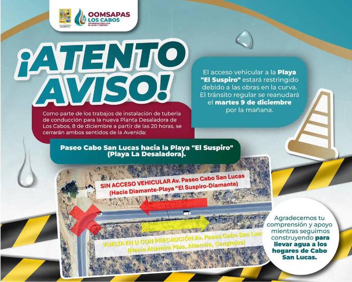 Cierre temporal de avenida en Cabo San Lucas por obras de la nueva desaladora