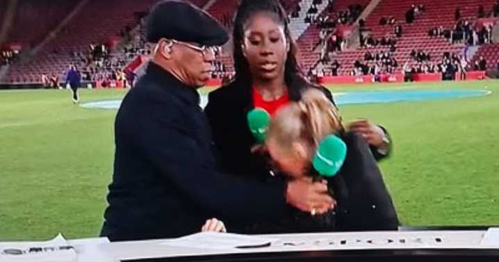 Laura Woods collapses on air as Ian Wright grabs her and channel forced into emergency break