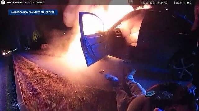 On camera: Mass. first responders drag man from burning car