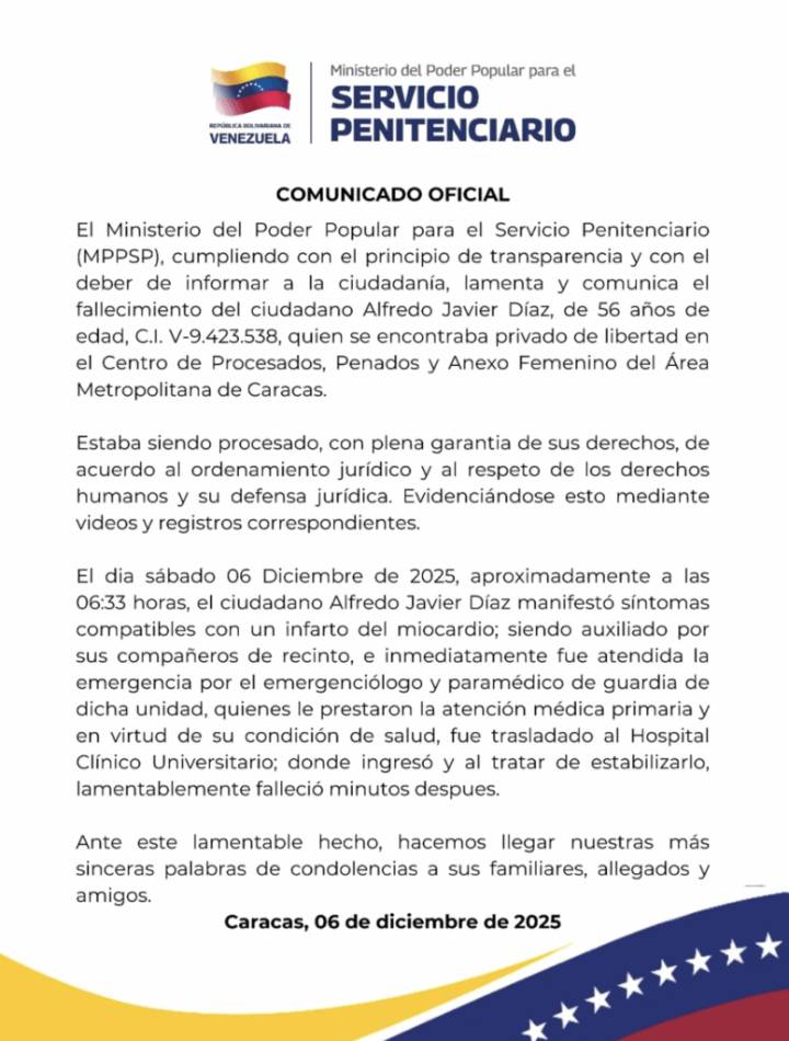 Servicio Penitenciario afirma que atendieron a Alfredo Díaz