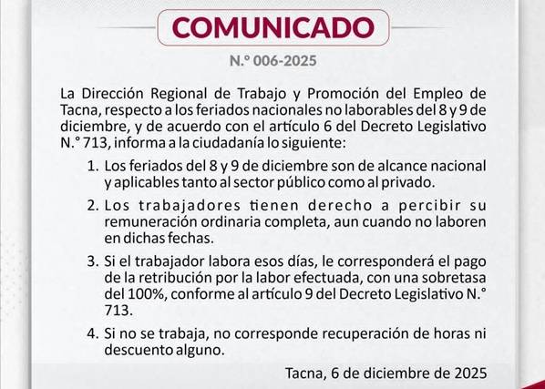 DRTPE TACNA ACLARA ALCANCES DE LOS FERIADOS NACIONALES DEL 8 Y 9 DE DICIEMBRE